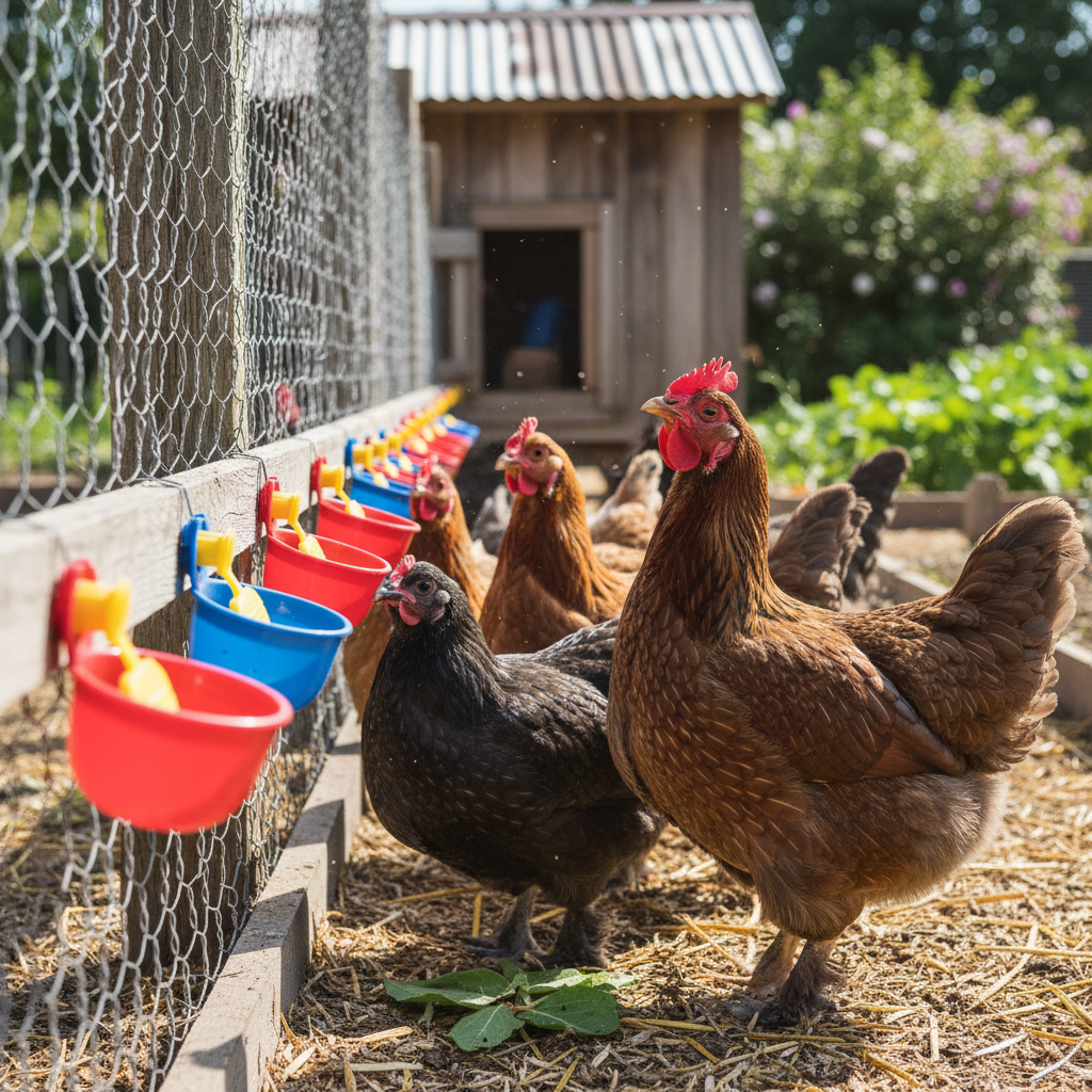 Chicken waterer in use in backyard chicken coop