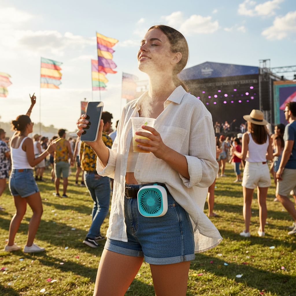 Person wearing portable waist fan outdoors at festival