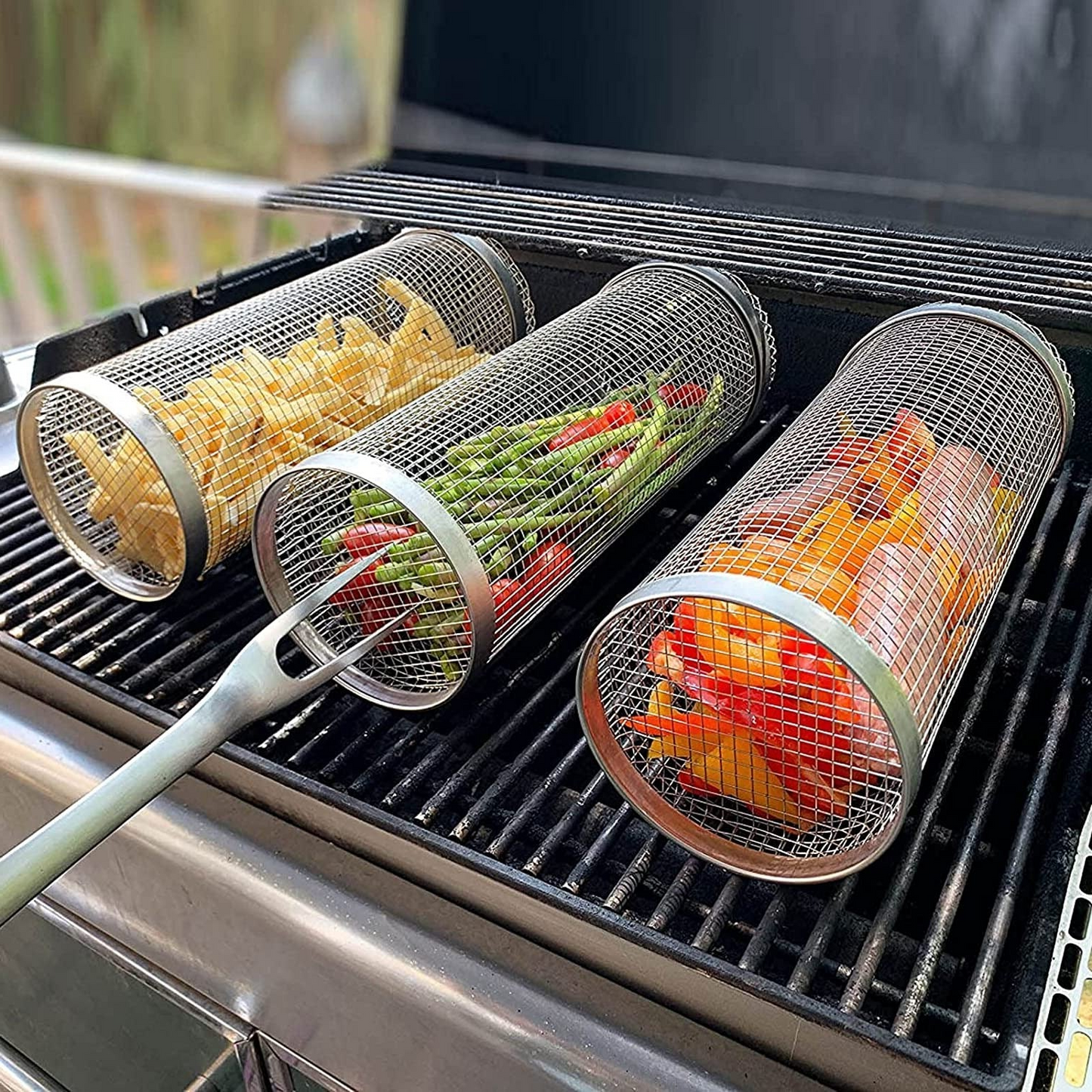 Velvaro Rolling BBQ Grill Basket